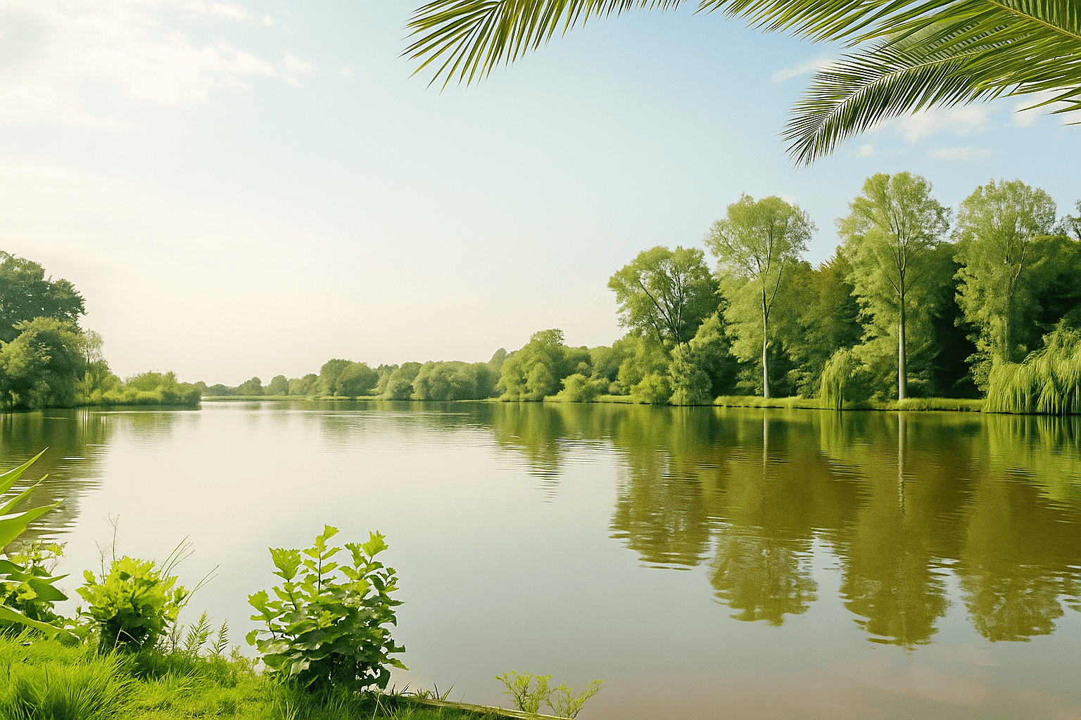 A smiling child running past water slides, surrounded by families having fun under the sun in a green setting.